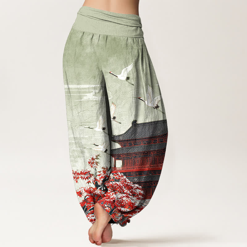 Buddha Stones Cotton Scenic Pavilion Bird Pattern Women's Elastic Waist Harem Pants - image 6