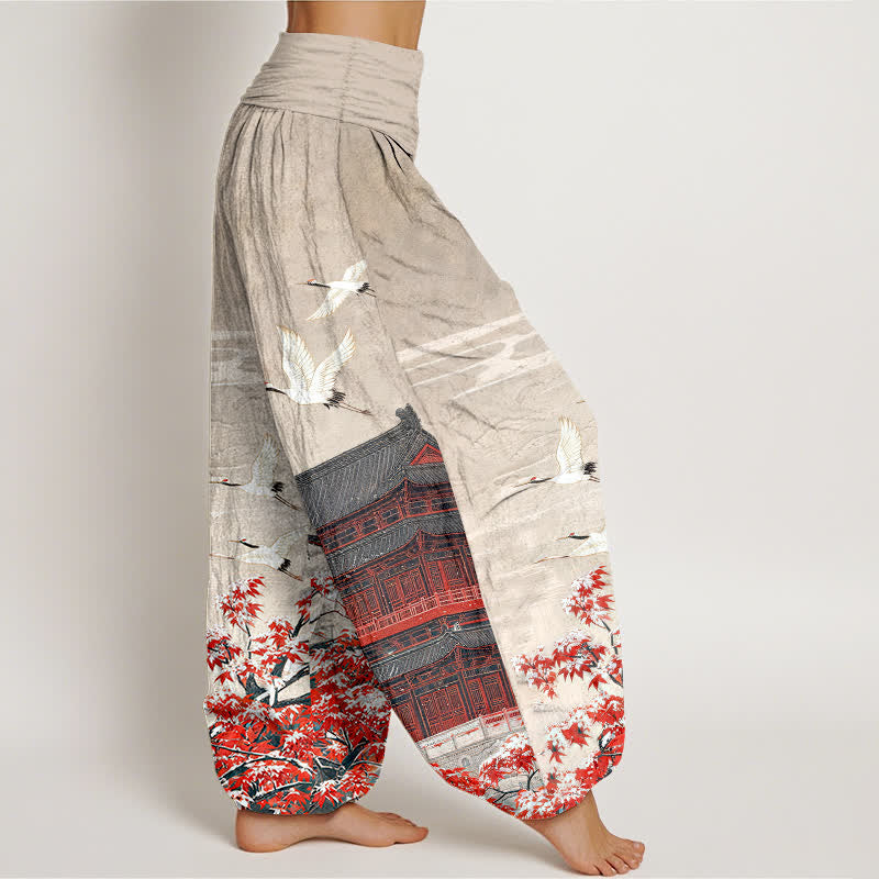 Buddha Stones Cotton Scenic Pavilion Bird Pattern Women's Elastic Waist Harem Pants - image 10