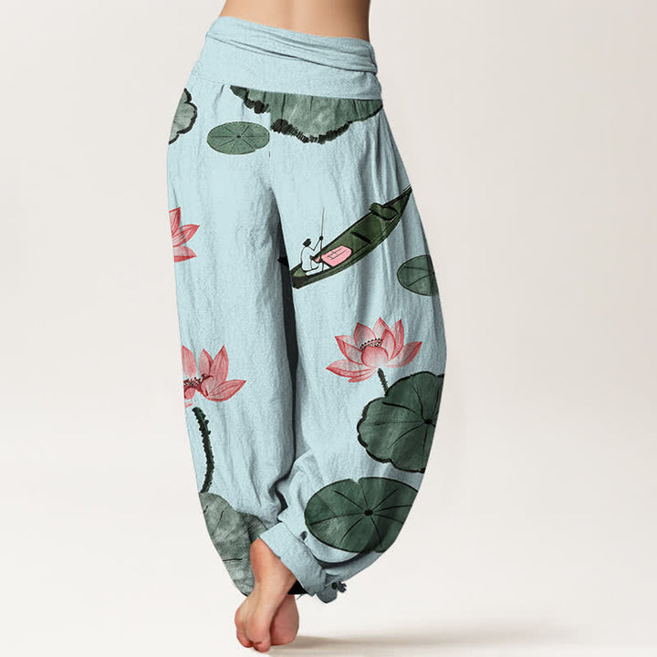 Buddha Stones Cotton Oriental Lotus Pattern Women's Elastic Waist Harem Pants - image 6