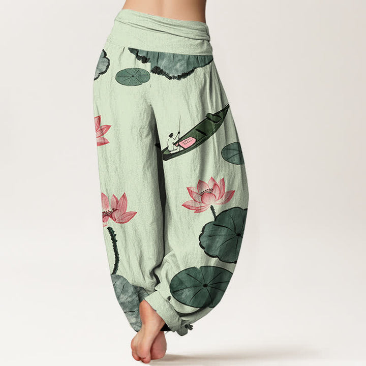 Buddha Stones Cotton Oriental Lotus Pattern Women's Elastic Waist Harem Pants - image 9