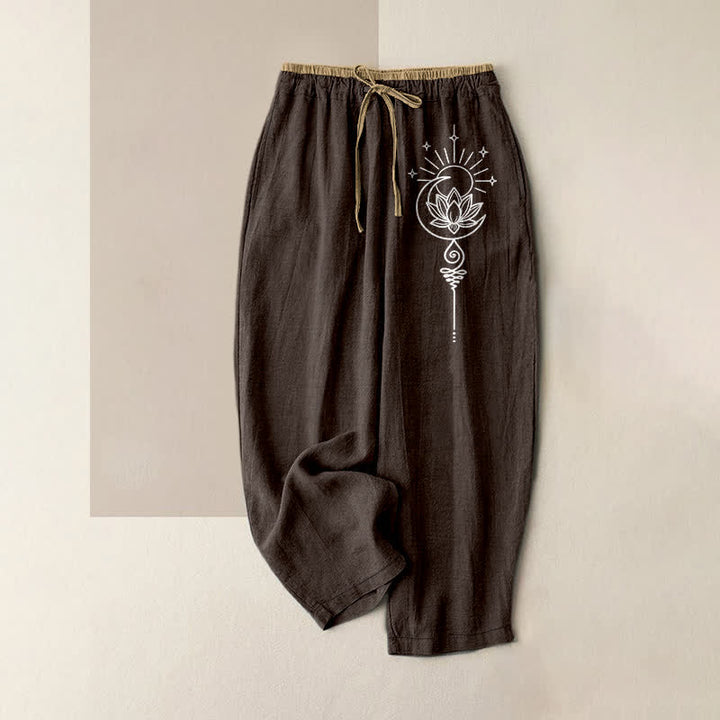 Buddha Stones Pure Cotton Bohemian Lotus Moon Star Pattern Women's Elastic Waist Pants With Pockets - SaddleBrown - US16，UK/AU20，EU48 (3XL) - image 5