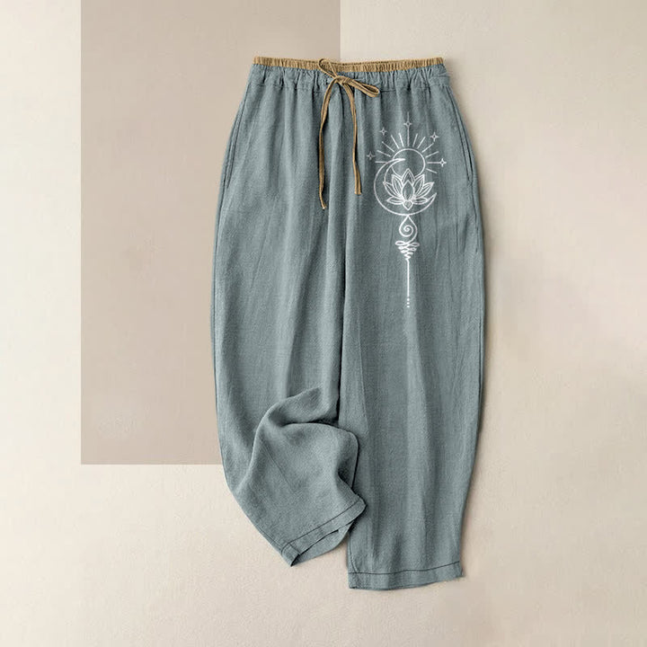 Buddha Stones Pure Cotton Bohemian Lotus Moon Star Pattern Women's Elastic Waist Pants With Pockets - LightBlue - US16，UK/AU20，EU48 (3XL) - image 0