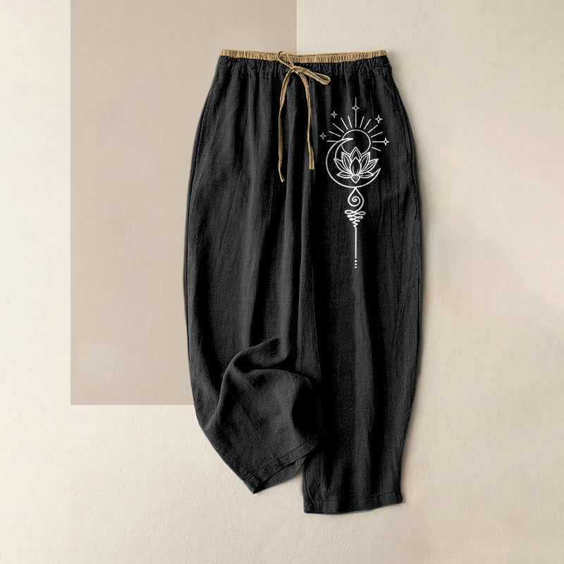 Buddha Stones Pure Cotton Bohemian Lotus Moon Star Pattern Women's Elastic Waist Pants With Pockets - Black - US16，UK/AU20，EU48 (3XL) - image 4
