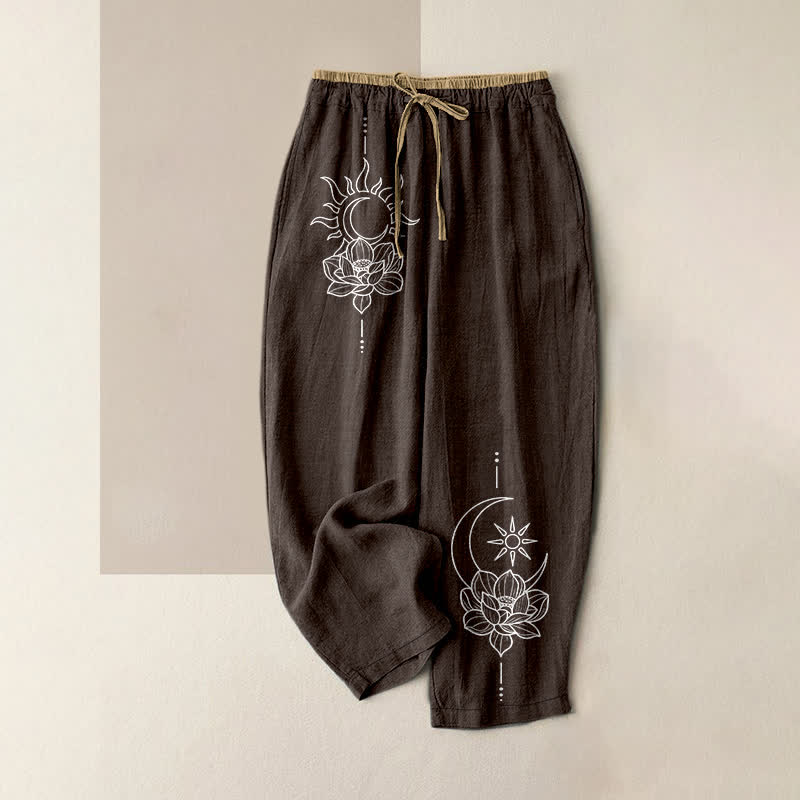 Buddha Stones Pure Cotton Zen Lotus Art Pattern Women's Elastic Waist Pants With Pockets - SaddleBrown - US16，UK/AU20，EU48 (3XL) - image 5