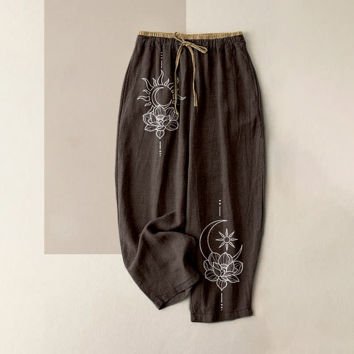 Buddha Stones Pure Cotton Zen Lotus Art Pattern Women's Elastic Waist Pants With Pockets - SaddleBrown - US16，UK/AU20，EU48 (3XL) - image 5