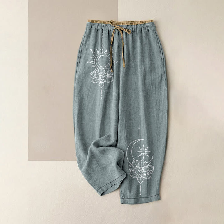 Buddha Stones Pure Cotton Zen Lotus Art Pattern Women's Elastic Waist Pants With Pockets - LightBlue - US16，UK/AU20，EU48 (3XL) - image 0