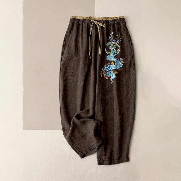Buddha Stones Pure Cotton Moon Star OM Koi Fish Lotus Pattern Women's Elastic Waist Pants With Pockets - SaddleBrown - US16，UK/AU20，EU48 (3XL) - image 4
