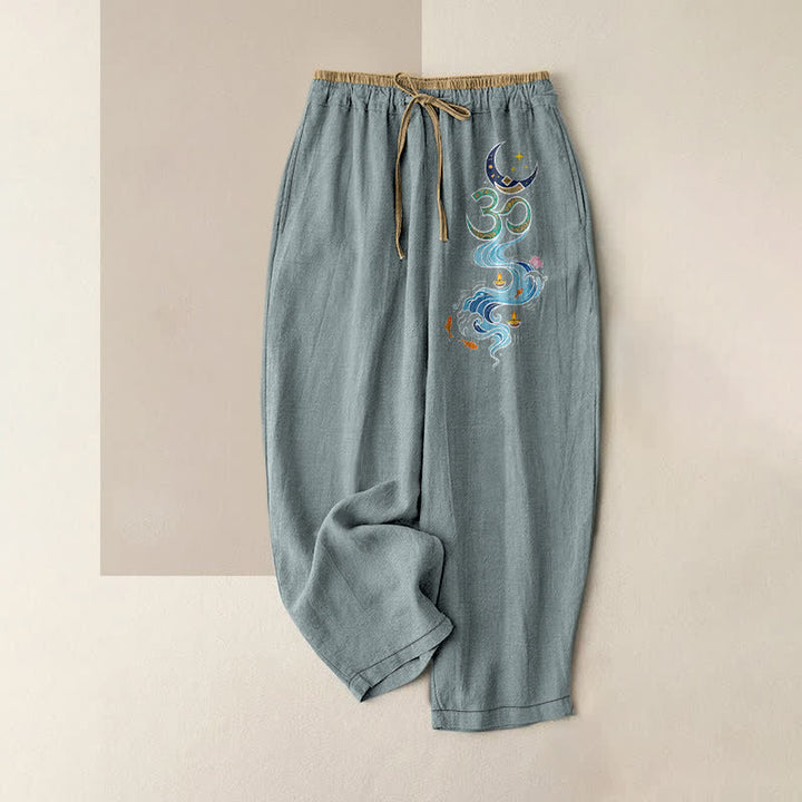 Buddha Stones Pure Cotton Moon Star OM Koi Fish Lotus Pattern Women's Elastic Waist Pants With Pockets - LightBlue - US16，UK/AU20，EU48 (3XL) - image 5