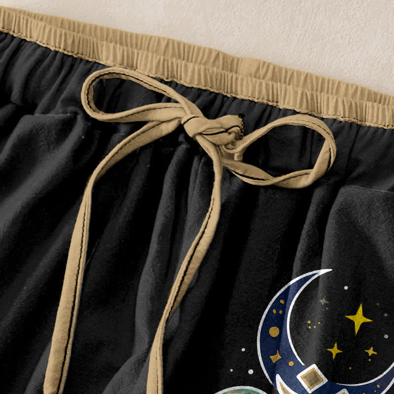Buddha Stones Pure Cotton Moon Star OM Koi Fish Lotus Pattern Women's Elastic Waist Pants With Pockets - image 1