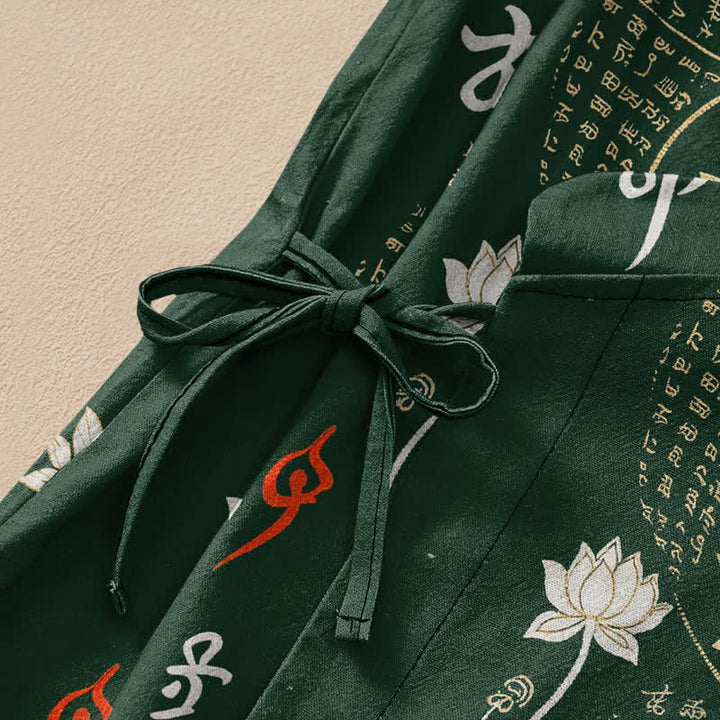Buddha Stones Cotton Zen Lotus Script Print Wrap V-Neck Lace-up Women's Long Sleeve Shirts Kimono - image 3