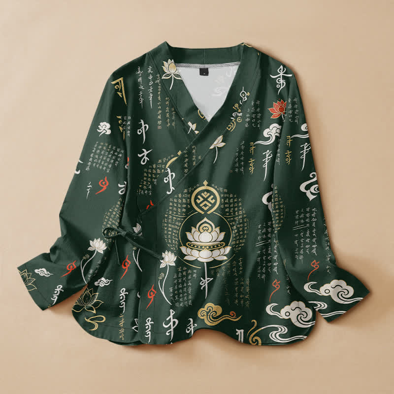 Buddha Stones Cotton Zen Lotus Script Print Wrap V-Neck Lace-up Women's Long Sleeve Shirts Kimono - DarkGreen - US16，UK/AU20，EU48 (3XL) - image 0