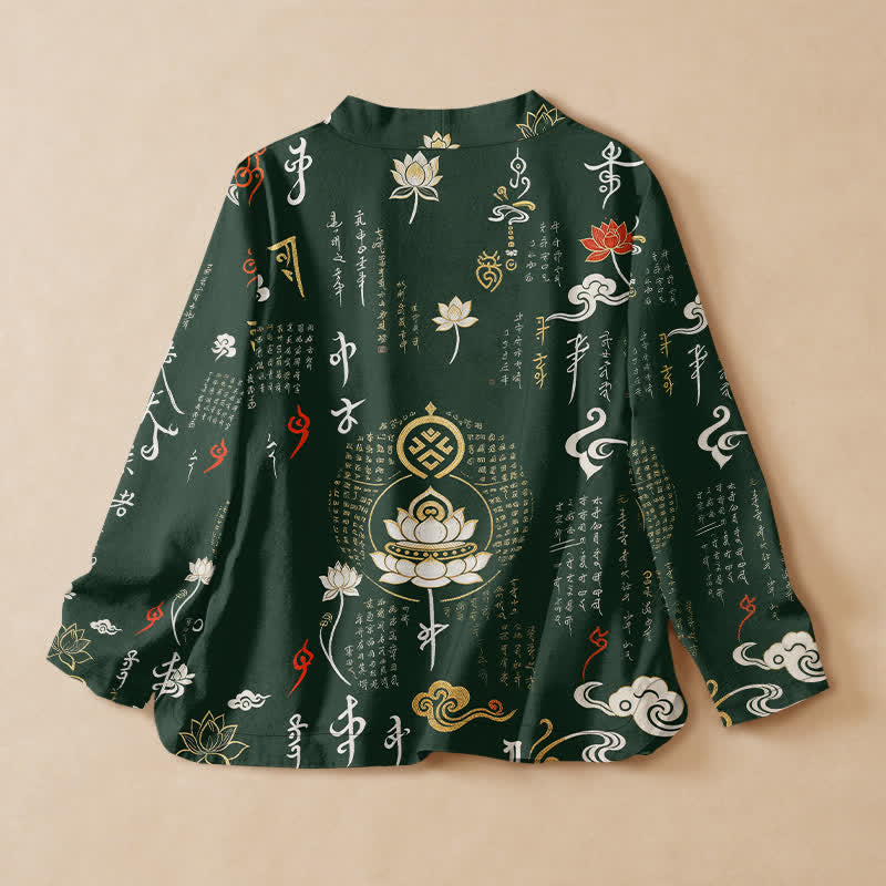 Buddha Stones Cotton Zen Lotus Script Print Wrap V-Neck Lace-up Women's Long Sleeve Shirts Kimono - image 1