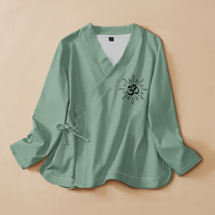 Buddha Stones Cotton Boho Om Symbol Pattern Wrap V-Neck Lace-up Women's Long Sleeve Shirts Kimono - MediumAquamarine - US16，UK/AU20，EU48 (3XL) - image 5