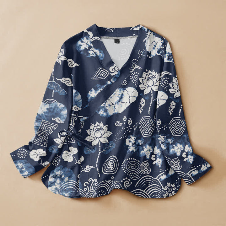 Buddha Stones Cotton Retro Floral Diamond Lotus Spiral Pattern Hanfu Style Wrap V-Neck Lace-up Women's Long Sleeve Shirts Kimono - Navy - US16，UK/AU20，EU48 (3XL) - image 0