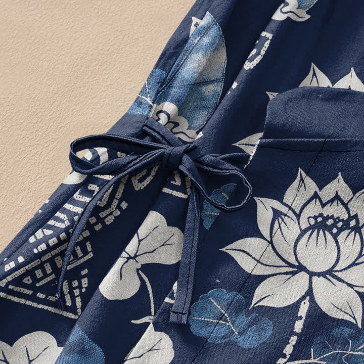 Buddha Stones Cotton Retro Floral Diamond Lotus Spiral Pattern Hanfu Style Wrap V-Neck Lace-up Women's Long Sleeve Shirts Kimono - image 3
