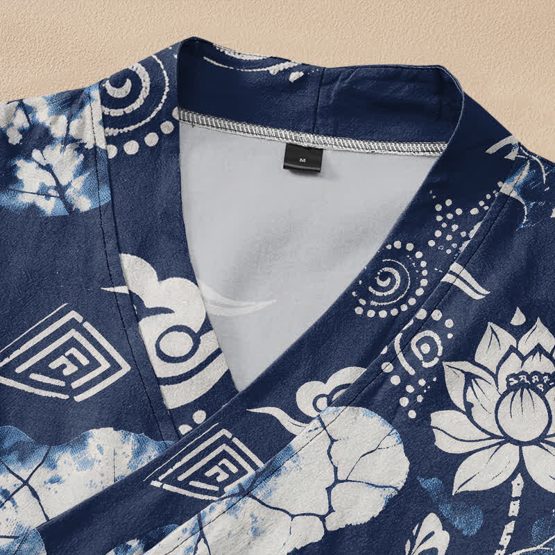 Buddha Stones Cotton Retro Floral Diamond Lotus Spiral Pattern Hanfu Style Wrap V-Neck Lace-up Women's Long Sleeve Shirts Kimono - image 2