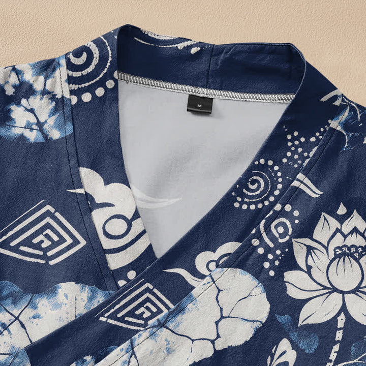 Buddha Stones Cotton Retro Floral Diamond Lotus Spiral Pattern Hanfu Style Wrap V-Neck Lace-up Women's Long Sleeve Shirts Kimono - image 2