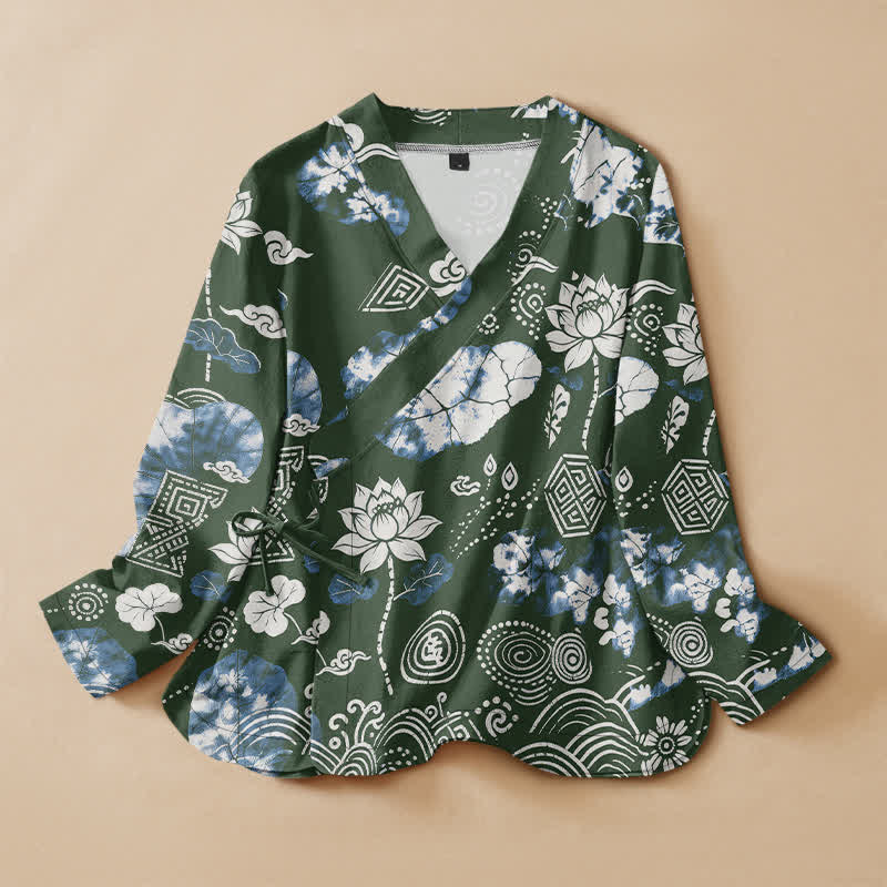 Buddha Stones Cotton Retro Floral Diamond Lotus Spiral Pattern Hanfu Style Wrap V-Neck Lace-up Women's Long Sleeve Shirts Kimono - DarkGreen - US16，UK/AU20，EU48 (3XL) - image 5