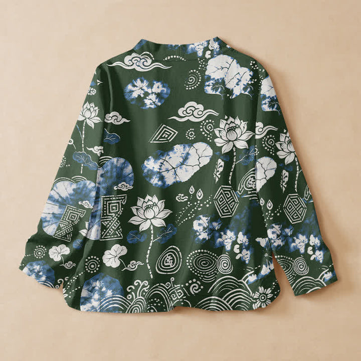 Buddha Stones Cotton Retro Floral Diamond Lotus Spiral Pattern Hanfu Style Wrap V-Neck Lace-up Women's Long Sleeve Shirts Kimono - image 6
