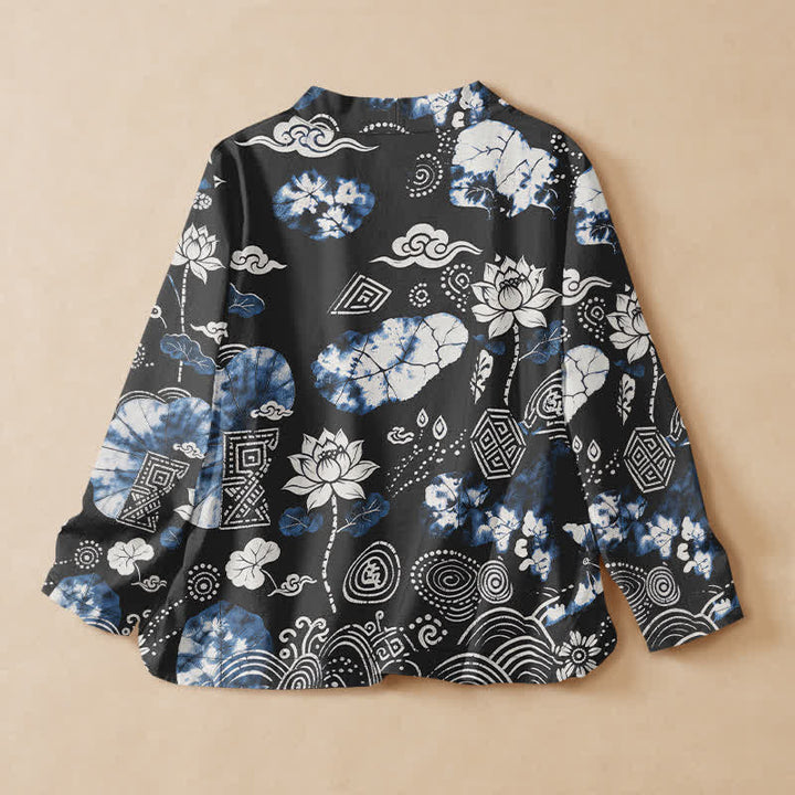 Buddha Stones Cotton Retro Floral Diamond Lotus Spiral Pattern Hanfu Style Wrap V-Neck Lace-up Women's Long Sleeve Shirts Kimono - image 8