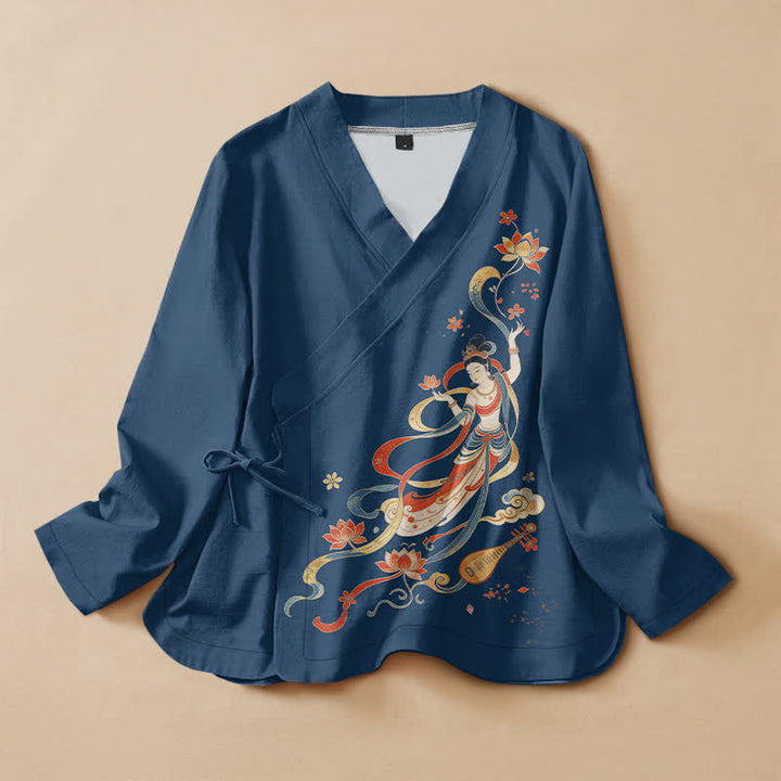 Buddha Stones Cotton Lotus Auspicious Cloud Print Wrap V-Neck Lace-up Women's Long Sleeve Shirts Kimono - MidnightBlue - US16，UK/AU20，EU48 (3XL) - image 0