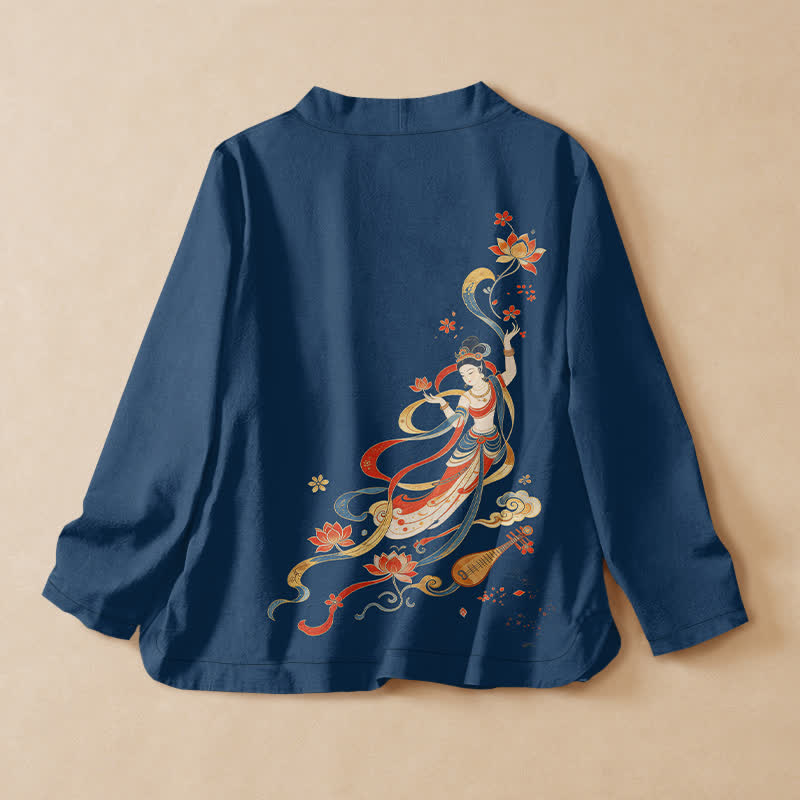 Buddha Stones Cotton Lotus Auspicious Cloud Print Wrap V-Neck Lace-up Women's Long Sleeve Shirts Kimono - image 1