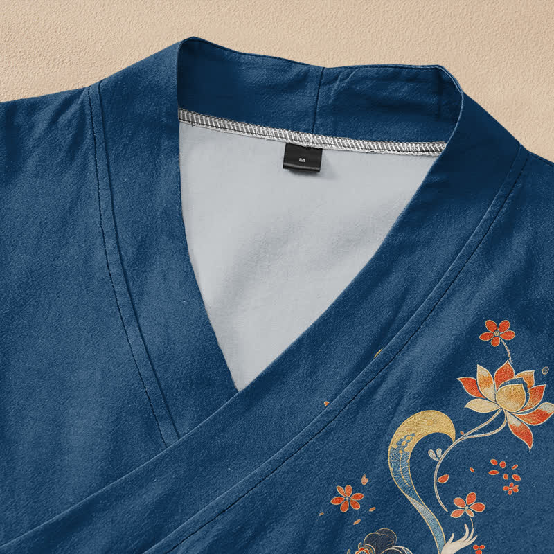 Buddha Stones Cotton Lotus Auspicious Cloud Print Wrap V-Neck Lace-up Women's Long Sleeve Shirts Kimono - image 2