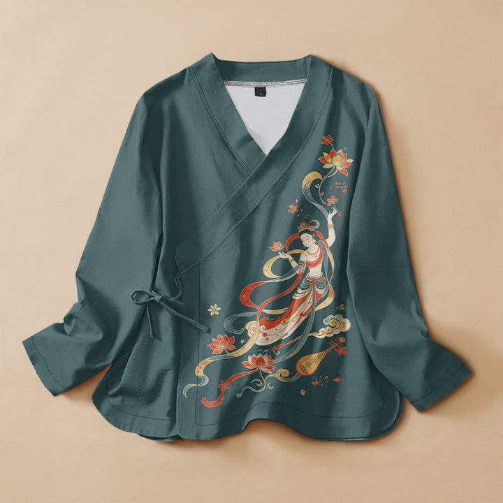Buddha Stones Cotton Lotus Auspicious Cloud Print Wrap V-Neck Lace-up Women's Long Sleeve Shirts Kimono - Teal - US16，UK/AU20，EU48 (3XL) - image 5