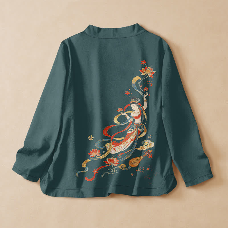 Buddha Stones Cotton Lotus Auspicious Cloud Print Wrap V-Neck Lace-up Women's Long Sleeve Shirts Kimono - image 6