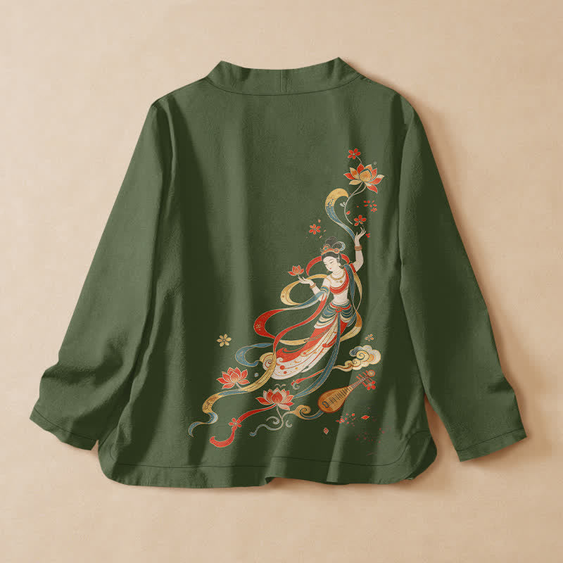 Buddha Stones Cotton Lotus Auspicious Cloud Print Wrap V-Neck Lace-up Women's Long Sleeve Shirts Kimono - image 8