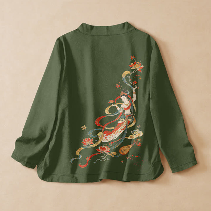 Buddha Stones Cotton Lotus Auspicious Cloud Print Wrap V-Neck Lace-up Women's Long Sleeve Shirts Kimono - image 8