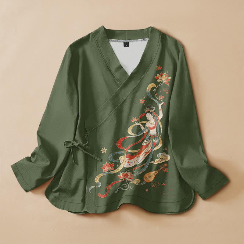 Buddha Stones Cotton Lotus Auspicious Cloud Print Wrap V-Neck Lace-up Women's Long Sleeve Shirts Kimono - DarkOliveGreen - US16，UK/AU20，EU48 (3XL) - image 7