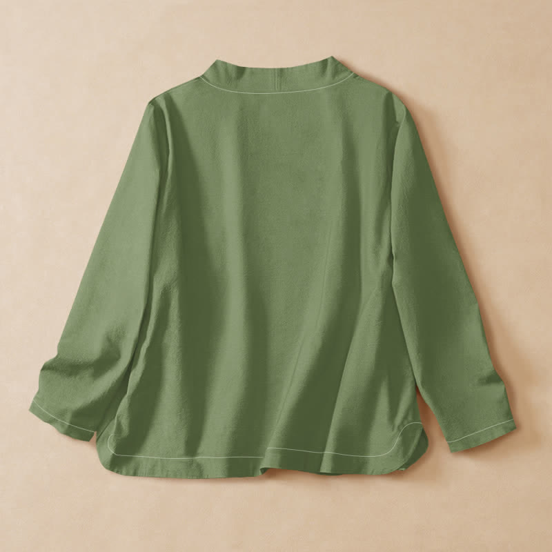 Buddha Stones Cotton Eastern Crane Pattern Wrap V-Neck Lace-up Women's Long Sleeve Shirts Kimono - image 1