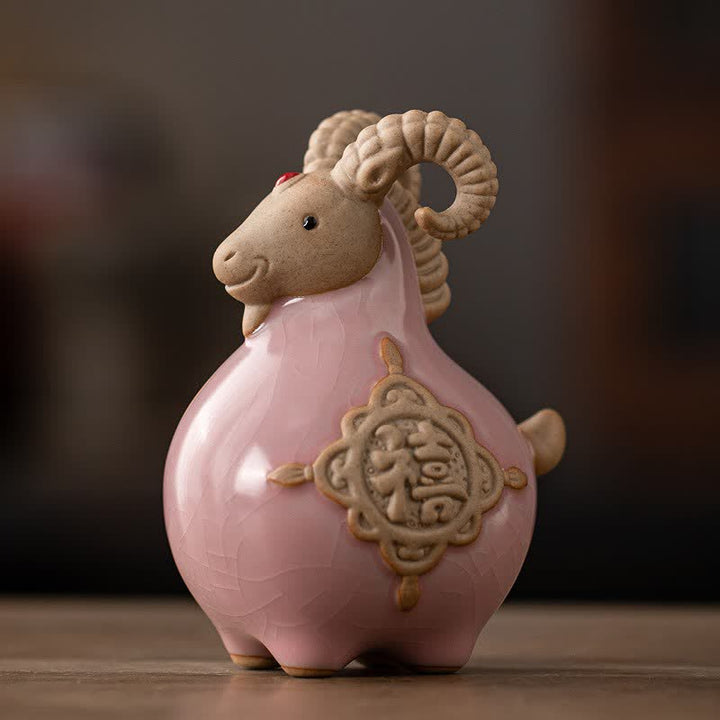 Buddha Stones Ceramic Fu Character Blessing Goat Figurine Cute Animal Decor - Pink - image 14