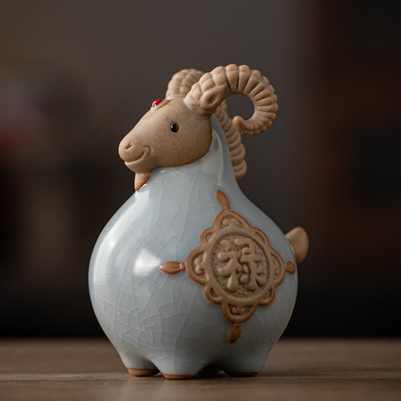 Buddha Stones Ceramic Fu Character Blessing Goat Figurine Cute Animal Decor - White - image 7