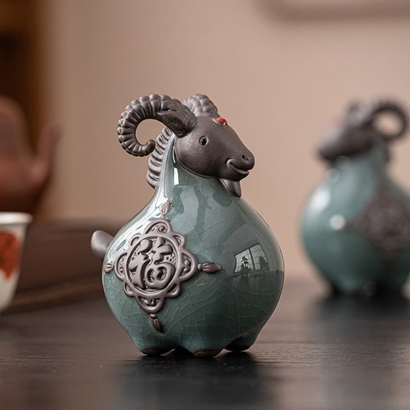 Buddha Stones Auspicious Curled Horn Goat Ceramic Figurine Cute Animal Decor - image 3