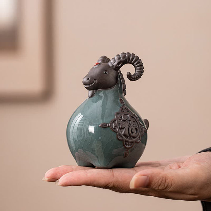 Buddha Stones Auspicious Curled Horn Goat Ceramic Figurine Cute Animal Decor - image 1