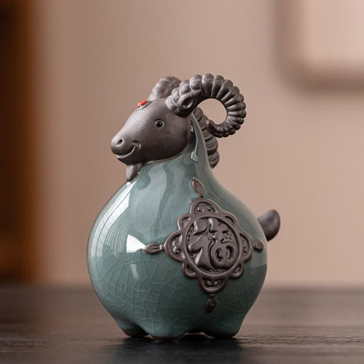Buddha Stones Auspicious Curled Horn Goat Ceramic Figurine Cute Animal Decor - Fu Character - image 0