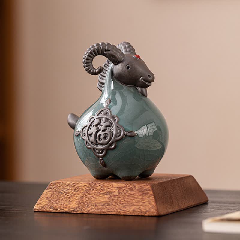 Buddha Stones Auspicious Curled Horn Goat Ceramic Figurine Cute Animal Decor - image 2