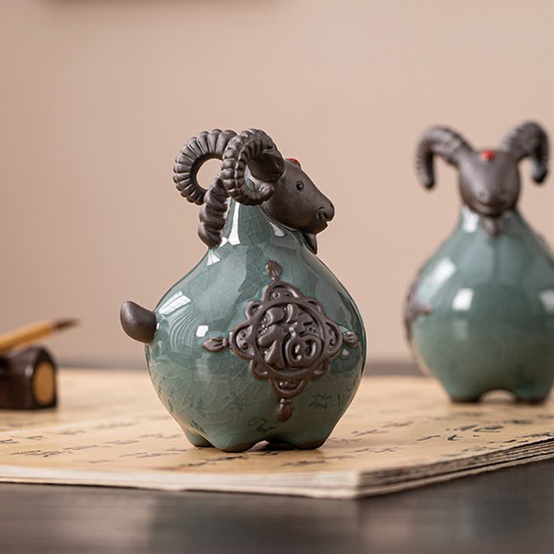 Buddha Stones Auspicious Curled Horn Goat Ceramic Figurine Cute Animal Decor - image 5