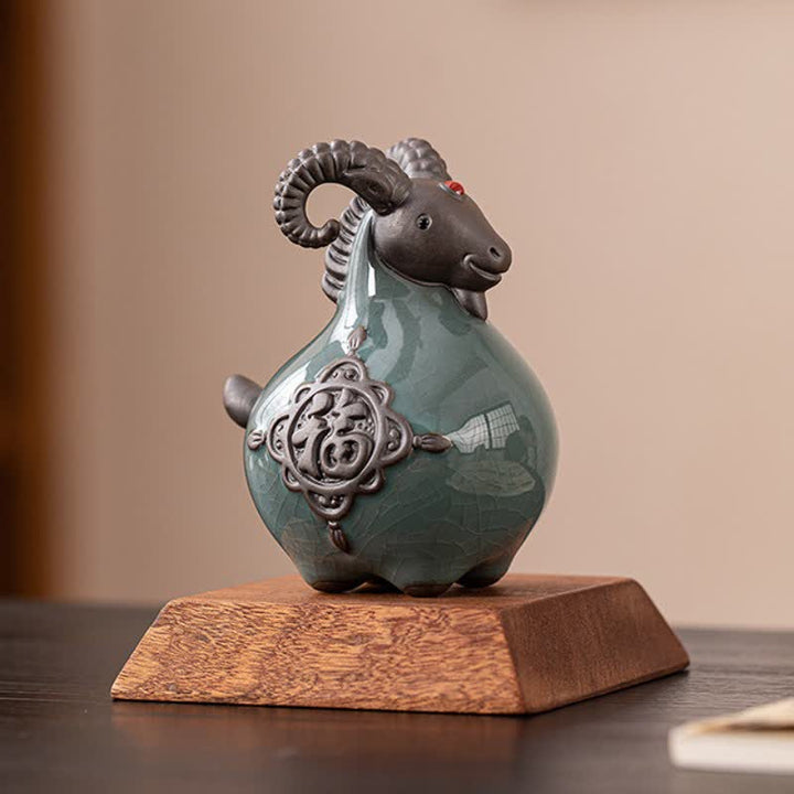 Buddha Stones Auspicious Curled Horn Goat Ceramic Figurine Cute Animal Decor - image 2