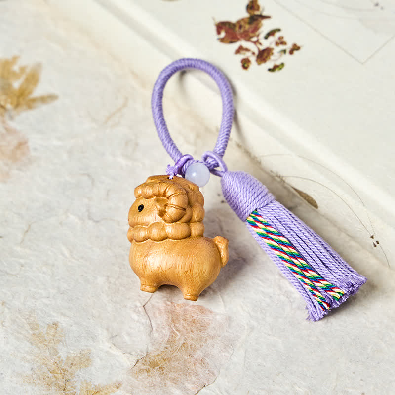 Buddha Stones Year of the Goat Hand Carved Rainbow Eucalyptus Sandalwood Chinese Zodiac Goat Keychains - image 4