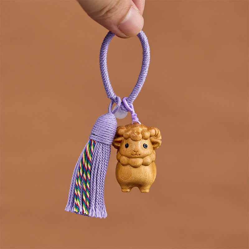 Buddha Stones Year of the Goat Hand Carved Rainbow Eucalyptus Sandalwood Chinese Zodiac Goat Keychains - image 3