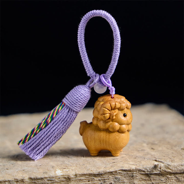 Buddha Stones Year of the Goat Hand Carved Rainbow Eucalyptus Sandalwood Chinese Zodiac Goat Keychains - image 2