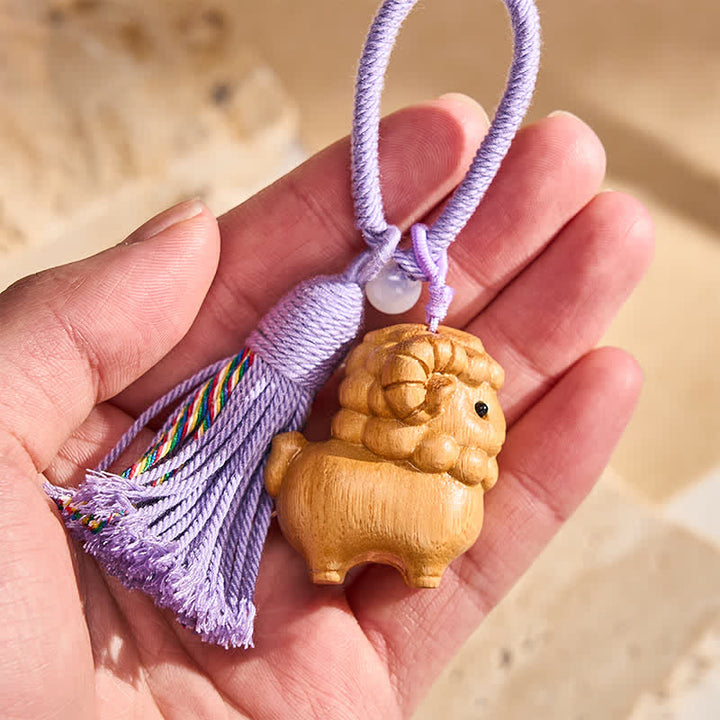 Buddha Stones Year of the Goat Hand Carved Rainbow Eucalyptus Sandalwood Chinese Zodiac Goat Keychains - image 6