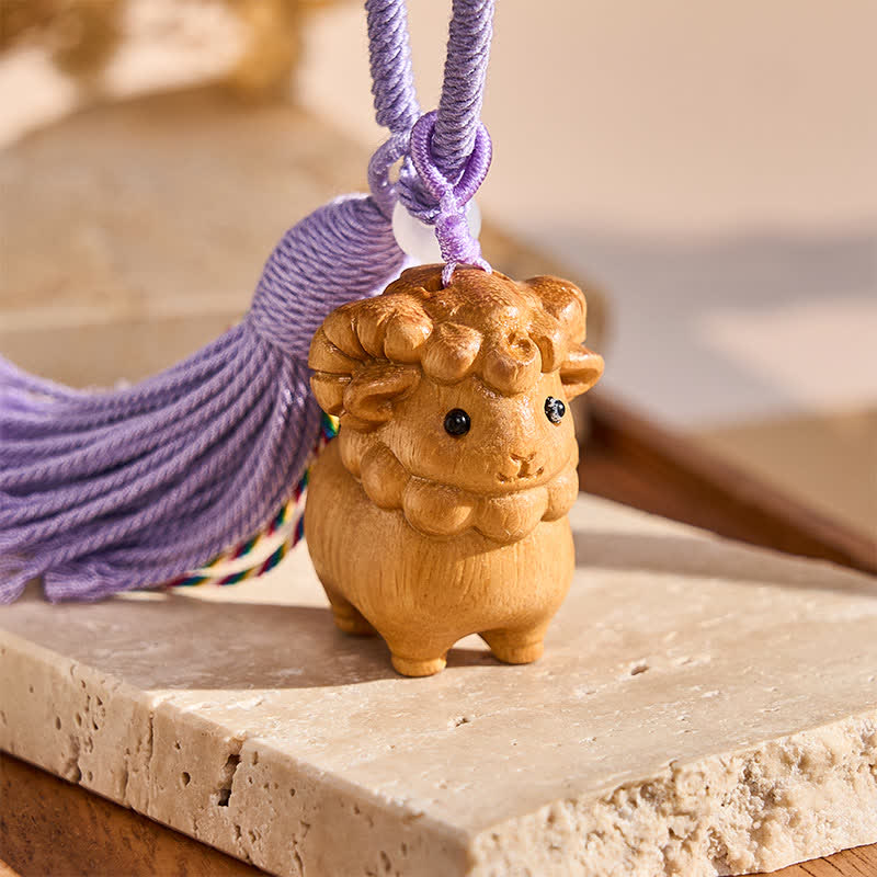 Buddha Stones Year of the Goat Hand Carved Rainbow Eucalyptus Sandalwood Chinese Zodiac Goat Keychains - image 5