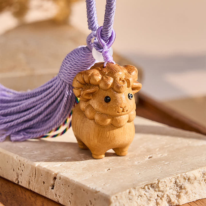 Buddha Stones Year of the Goat Hand Carved Rainbow Eucalyptus Sandalwood Chinese Zodiac Goat Keychains - image 5