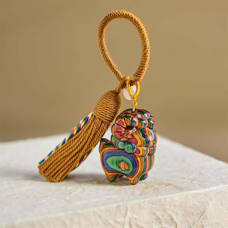 Buddha Stones Year of the Goat Hand Carved Rainbow Eucalyptus Sandalwood Chinese Zodiac Goat Keychains - image 9