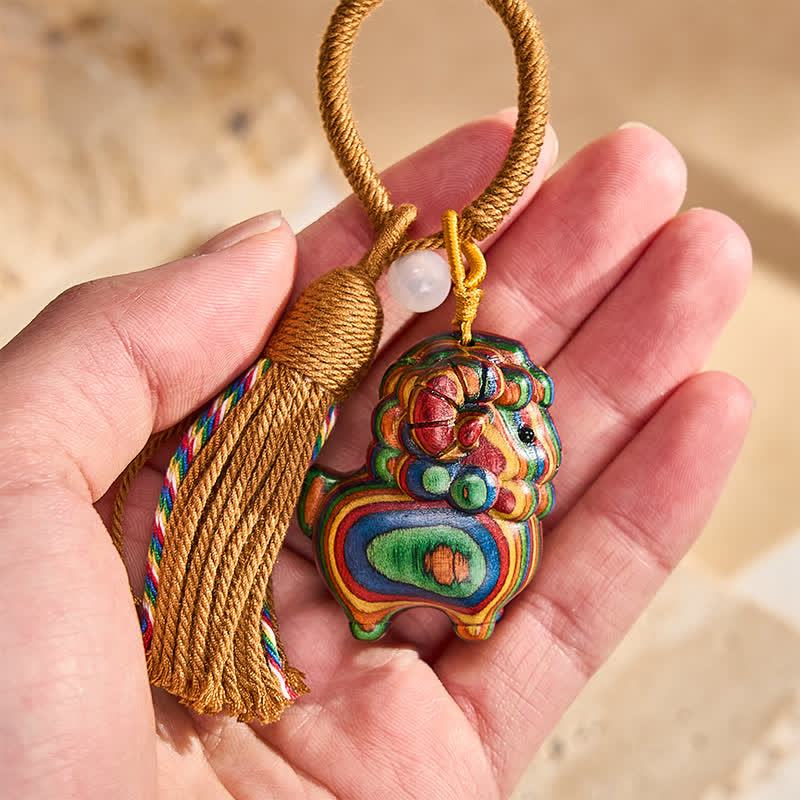 Buddha Stones Year of the Goat Hand Carved Rainbow Eucalyptus Sandalwood Chinese Zodiac Goat Keychains - image 14