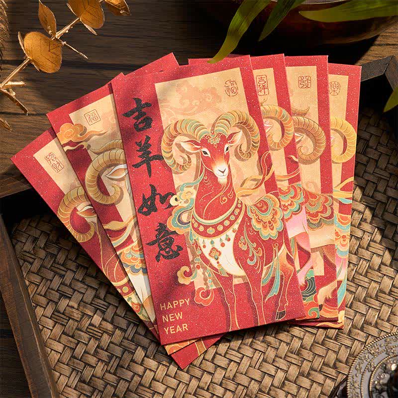Buddha Stones 6Pcs Year of the Goat Traditional Chinese Year Blessing Red Envelope Set - 6Pcs Set 16.6*8.6cm - image 0